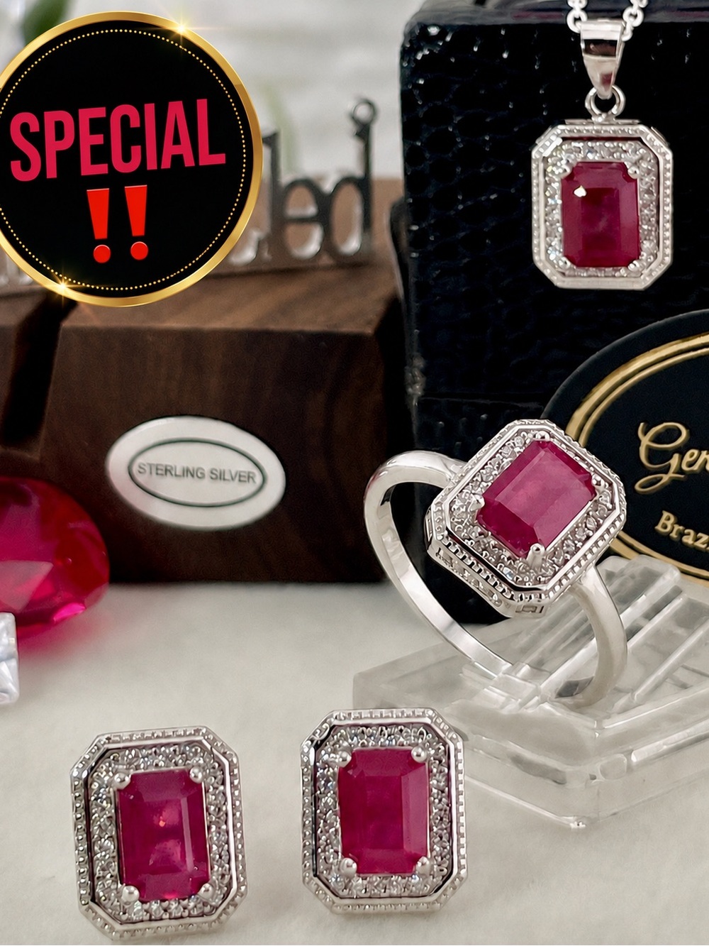 Ruby Topaz SET‼️ Silver 925 Ring Earrings Pendant Necklace